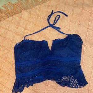 Navy lace halter longline bikini top